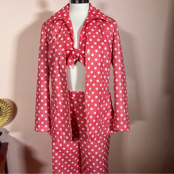 Vintage Pants - Vintage 1970 Mod Retro Deco Pink Polka dotted Crop top High waisted Pant Suit